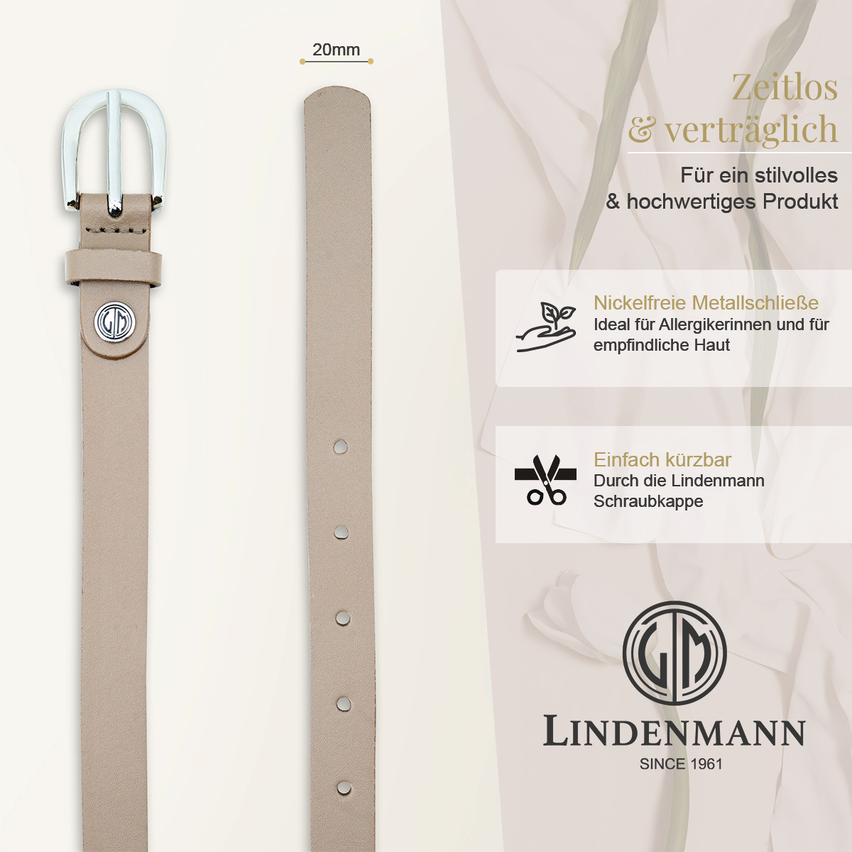 beige Gürtel, Leder Gürtel, Metall-Schnalle, 20mm Breite, Lindenmann, LINDENMANN Rindleder Damengürtel Taupe