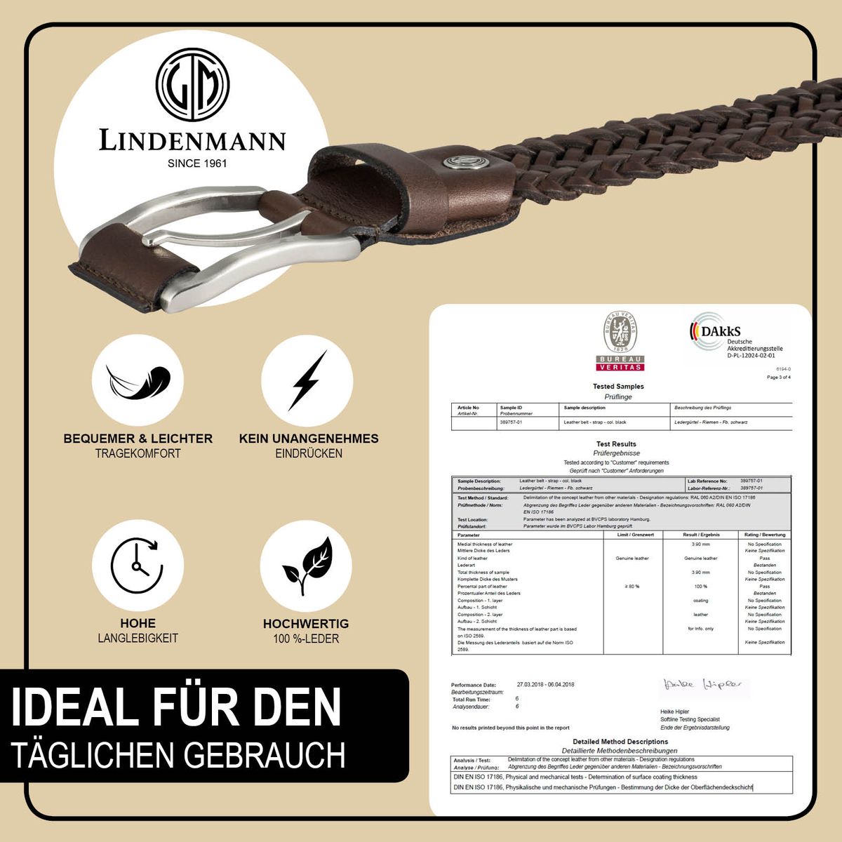 LINDENMANN Gürtel Herren geflochten 35 mm braun