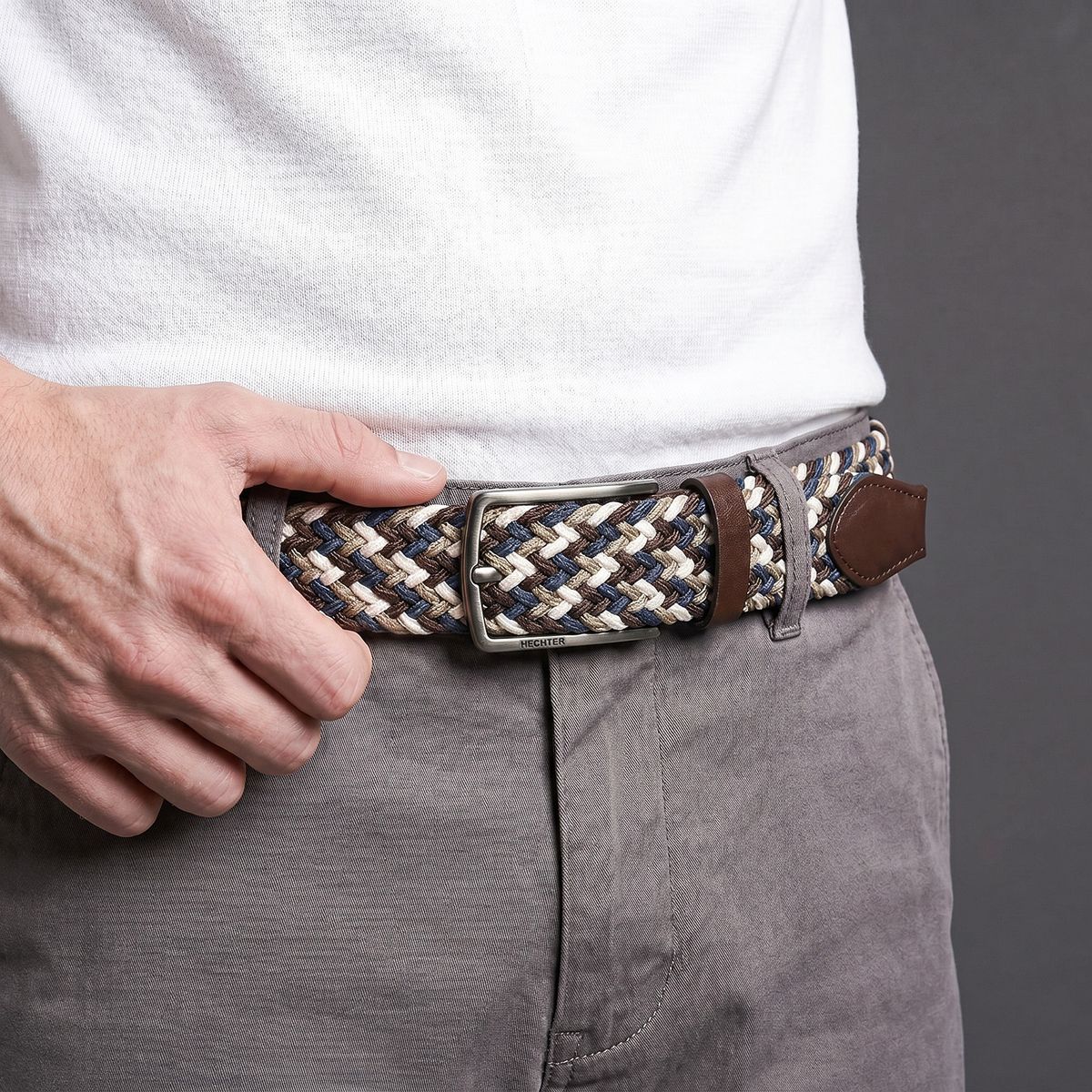 Gürtel, Strukturband, Mesh-Gürtel, Braun, Kunstlederdetails, HECHTER Paris Herren Textil-Flechtgürtel mit 100% Echtlederenden marine/braun/taupe