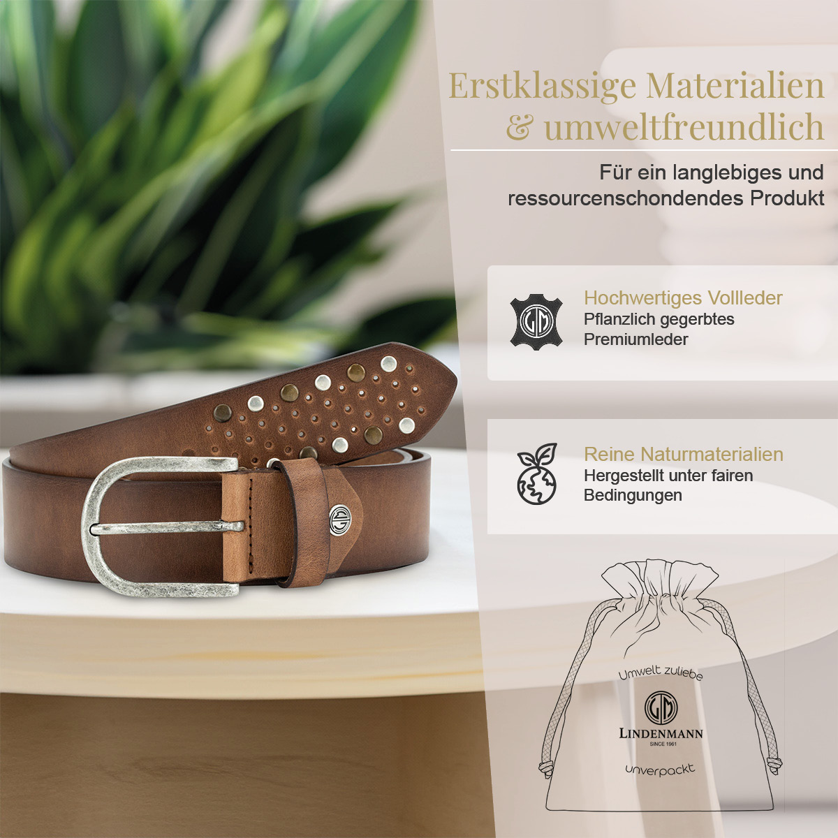 LINDENMANN Klassischer Damengürtel aus 100% Echtleder mit Nieten-Design mittelbraun