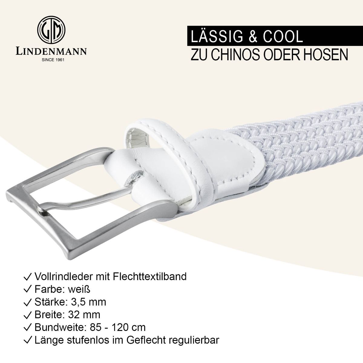 LINDENMANN Textil-Flechtgürtel Herren 35 mm weiß