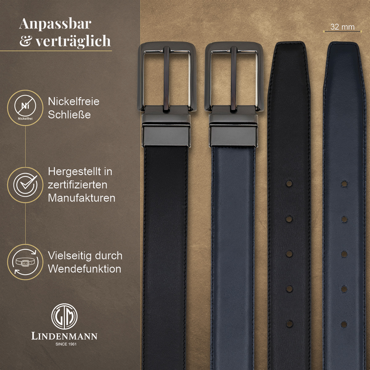 LINDENMANN Herrenwendegürtel aus 100% Vollrindleder schwarz/marine