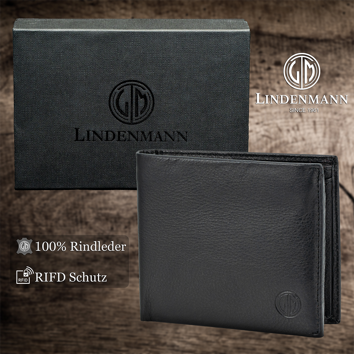 LINDENMANN Herren Leder Portemonnaie schwarz