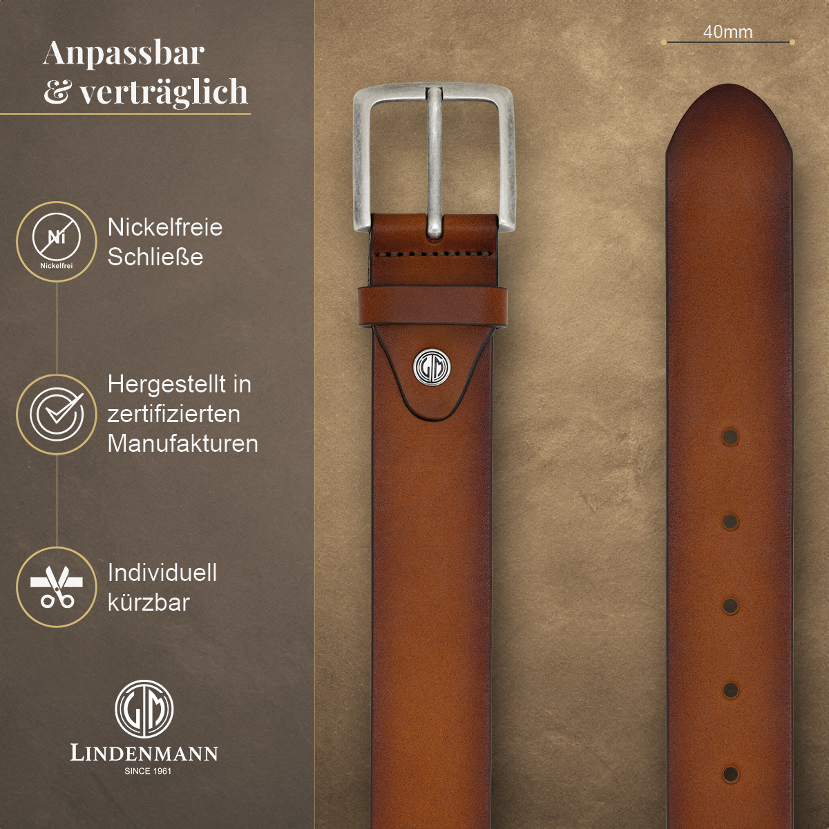 LINDENMANN Vollrindledergürtel Herren Cognac