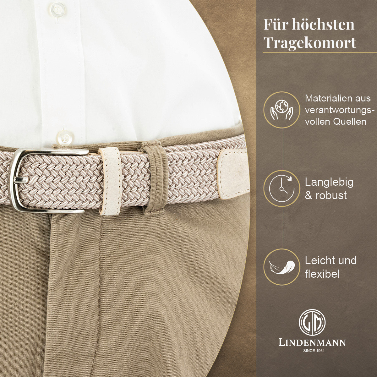 LINDENMANN Textilflechtgürtel Herrengürtel Creme-Beige