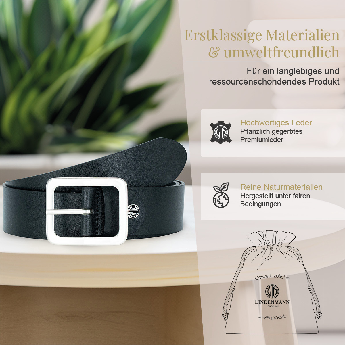 LINDENMANN Rindleder Damengürtel Tiefschwarz