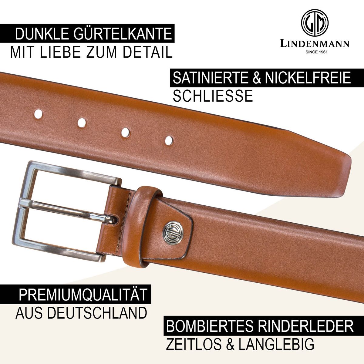 LINDENMANN Anzug-Ledergürtel Herren 35 mm XL Rindleder cognac