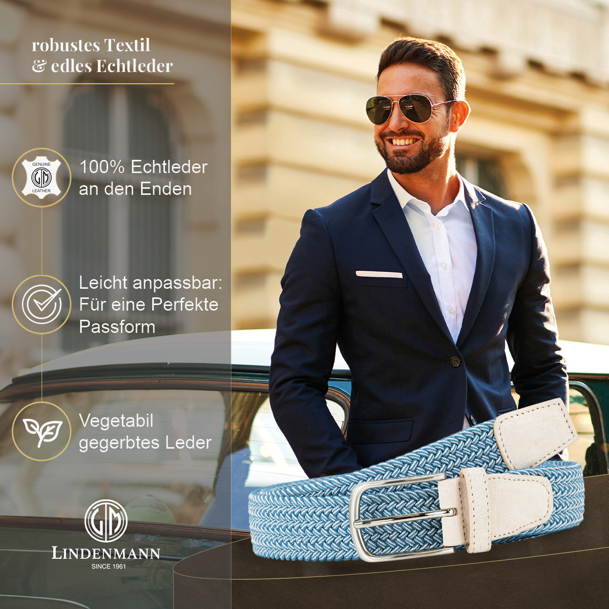 LINDENMANN Textilflechtgürtel Herrengürtel Himmelblau