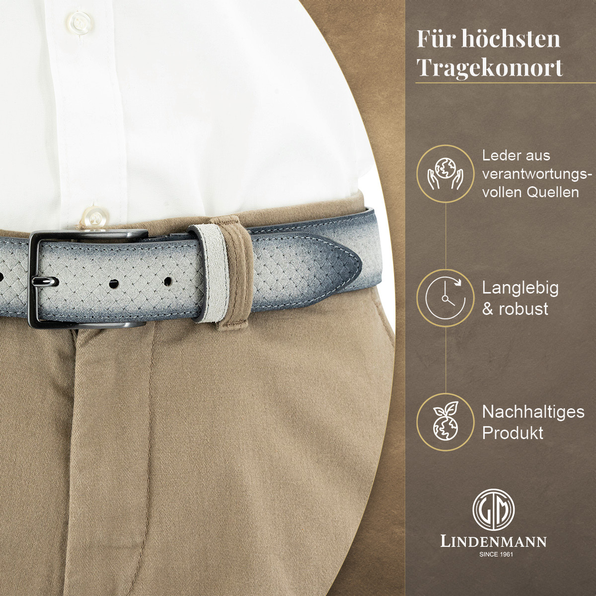 LINDENMANN Vollrindleder Herrengürtel Hellgrau