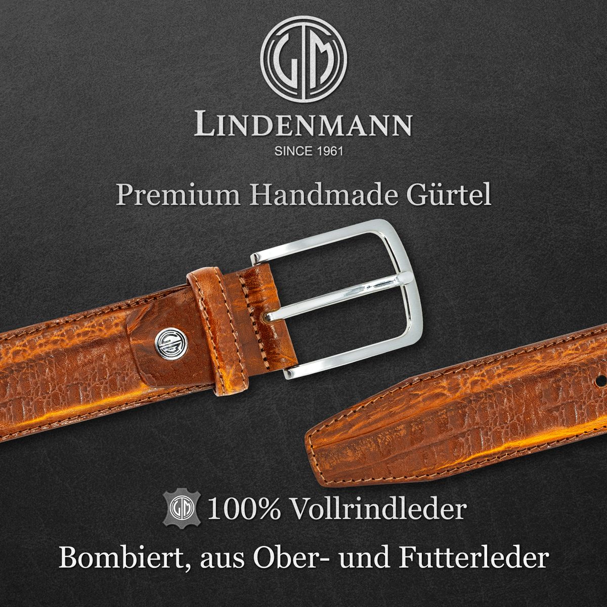 LINDENMANN Handmade Rindleder Herrengürtel cognac