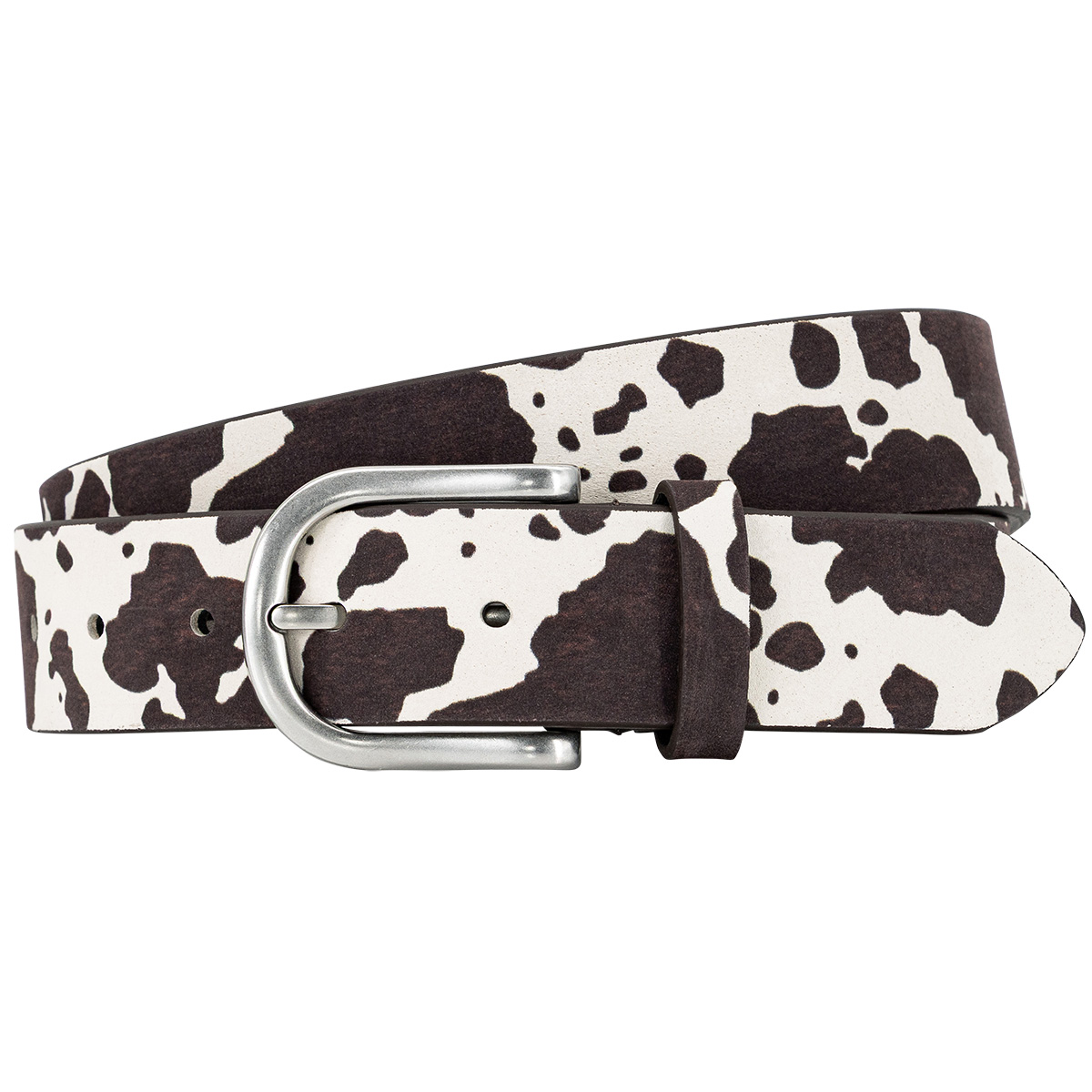 Gürtel, Kuhprint, Leder, Silber-Schnalle, Zubehör, LINDENMANN Damen Echtledergürtel braun weiß