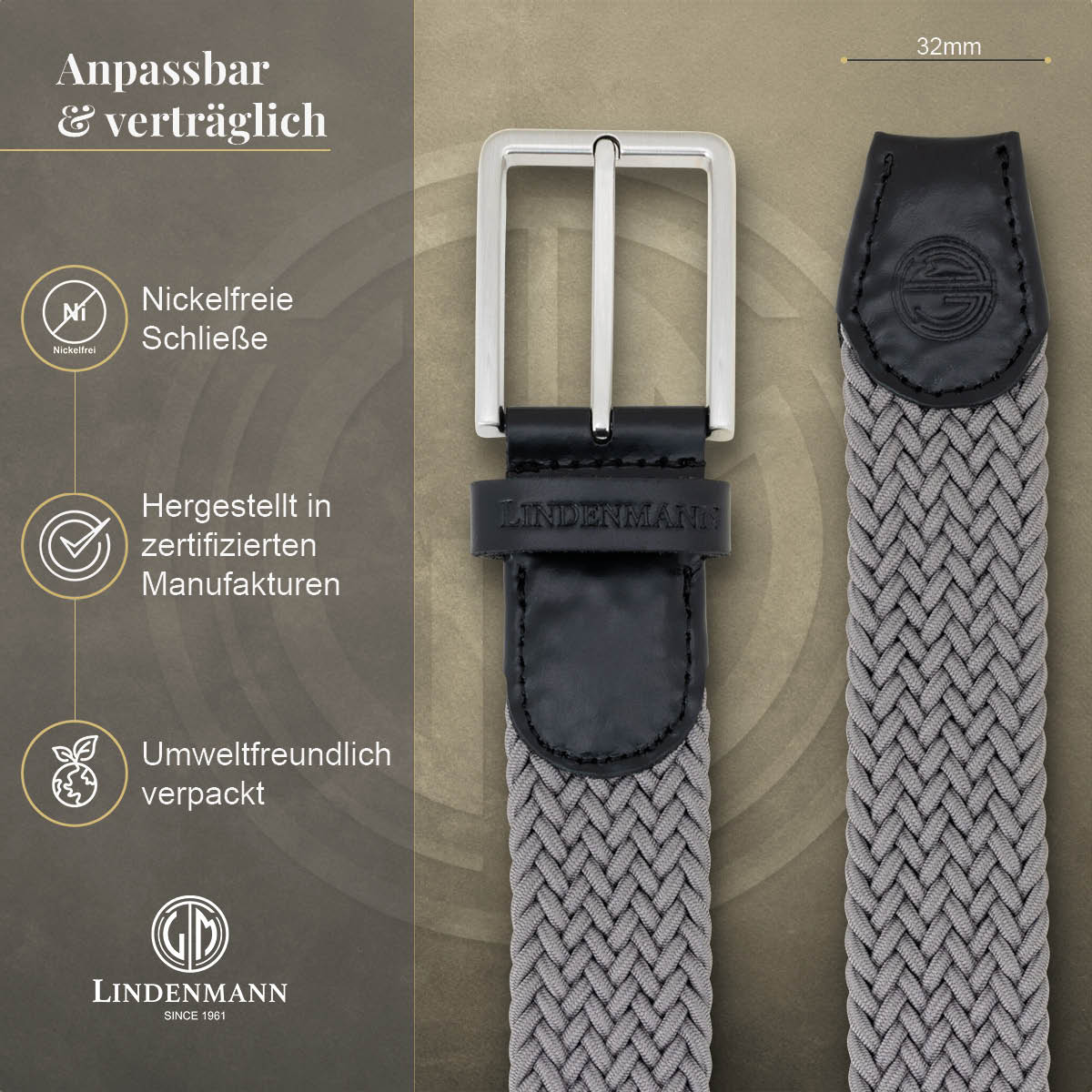 LINDENMANN Flechtgürtel Herren grau