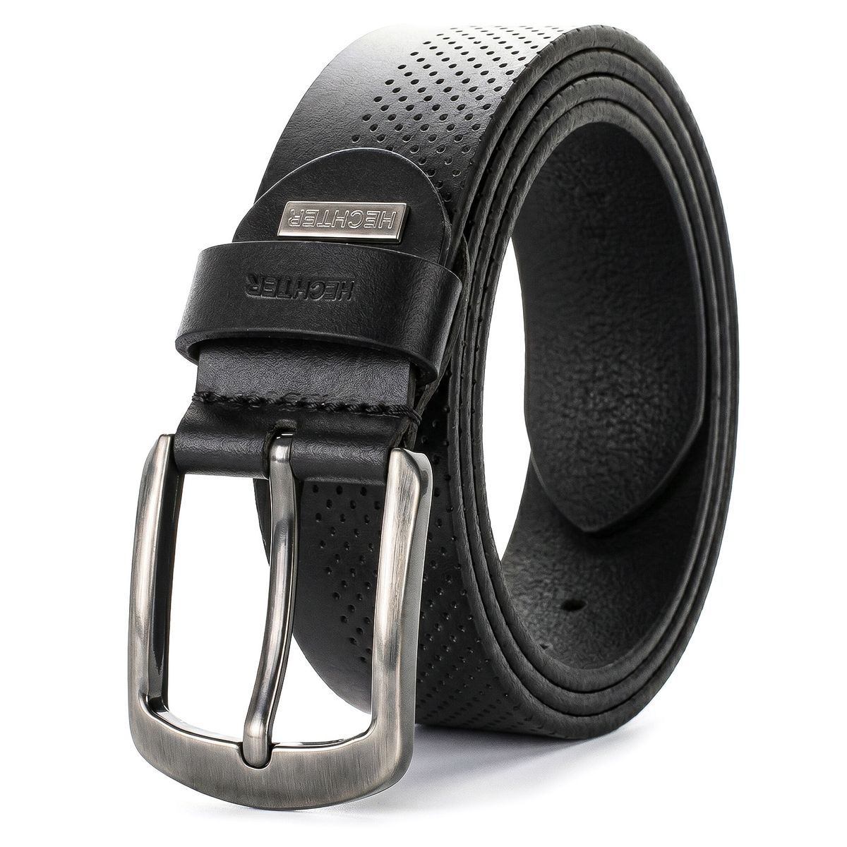 Gürtel, Leder, Schwarz, Metall-Schnalle, Perforation, HECHTER Paris Herren Casual Echtledergürtel schwarz