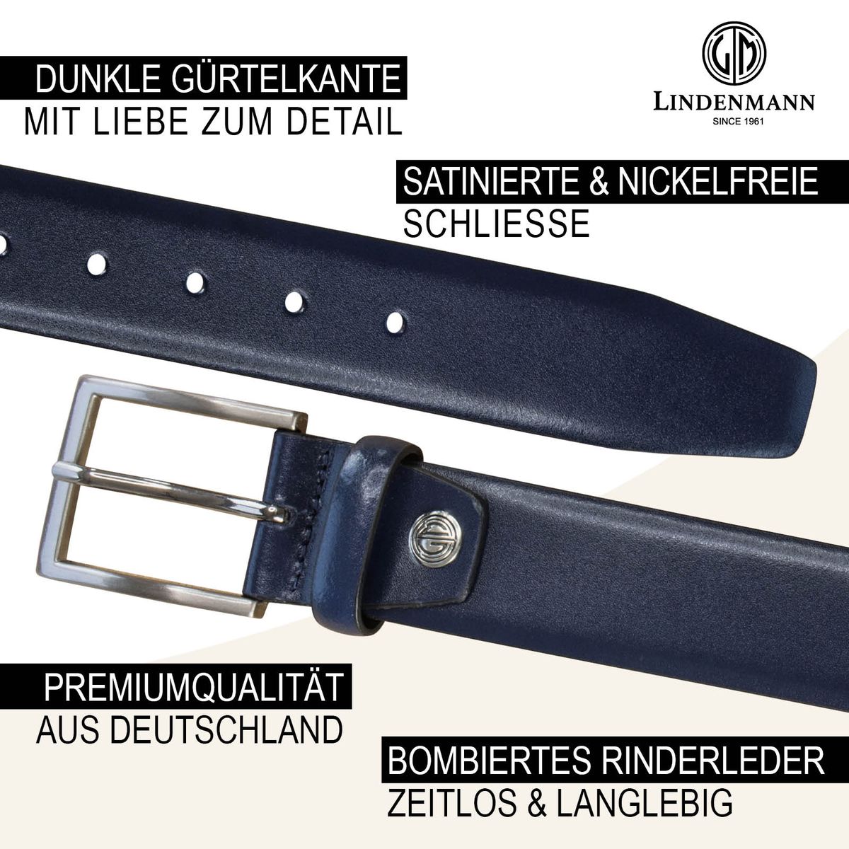 LINDENMANN Anzug-Ledergürtel Herren 35 mm XL Rindleder marine