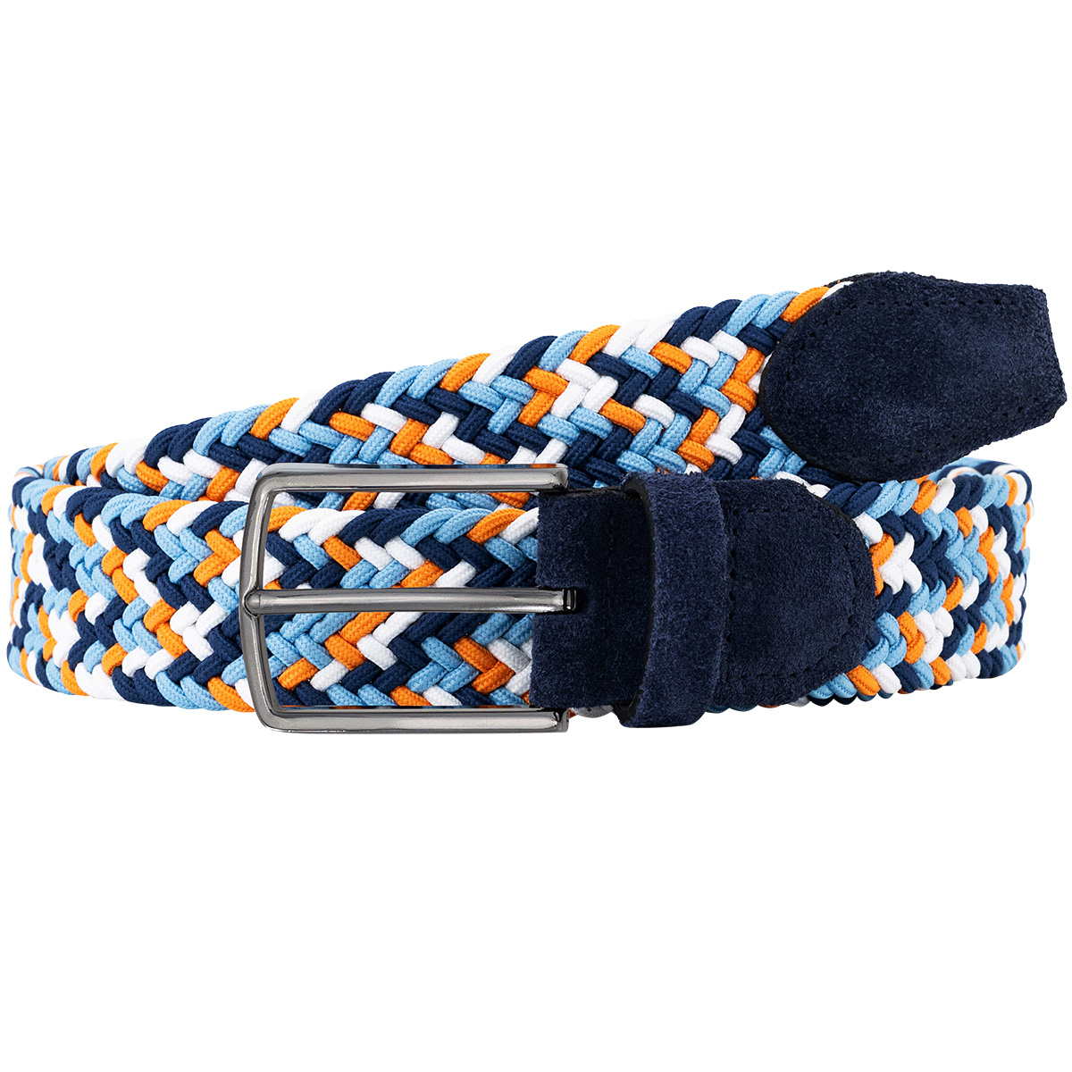 Gürtel, Webgürtel, geflochten, Kordel, Navy-Blau, LINDENMANN Herren Flechtgürtel mit Echtleder an den Enden mehrfarbig: marine, jeansblau, orange