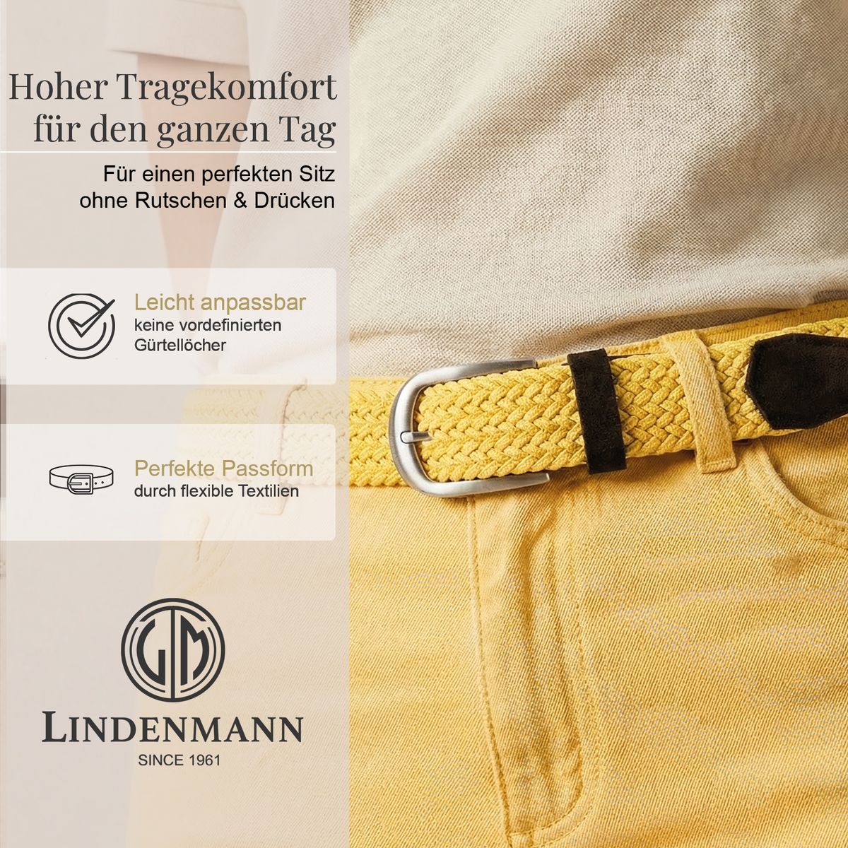 Gürtel, Braun, Stoffgürtel, Klette, Hose, LINDENMANN Damen Flechtgürtel mit 100% echtem Rindleder an den Enden gelb