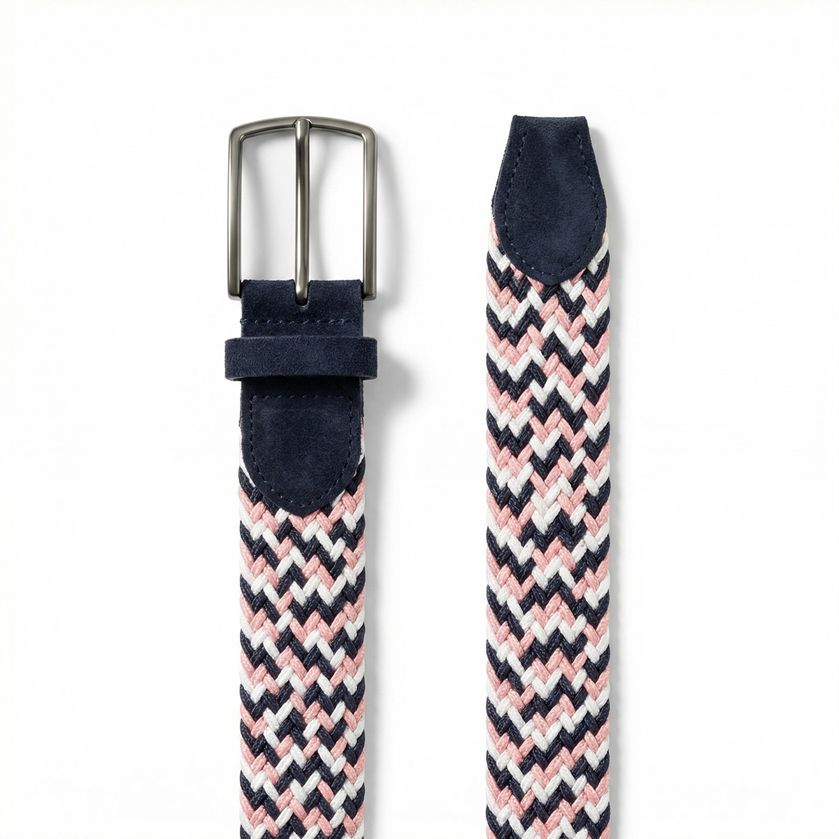 LINDENMANN Herren Flechtgürtel mit Enden aus 100% echtem Veloursleder lachs-marine-weiss