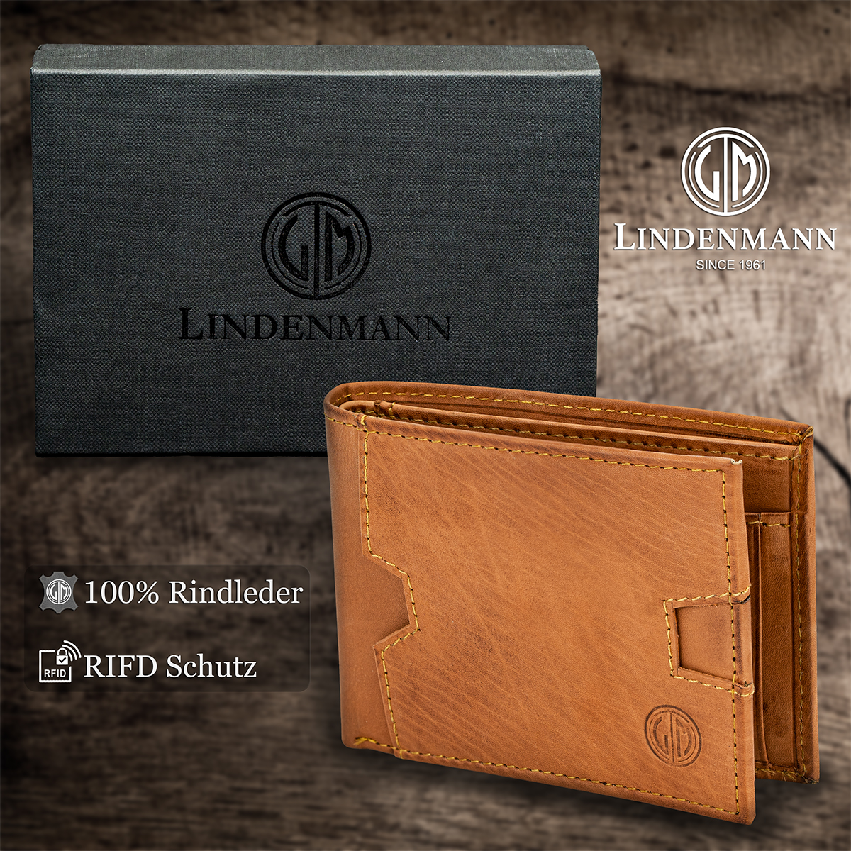 LINDENMANN Herren Leder Portemonnaie cognac