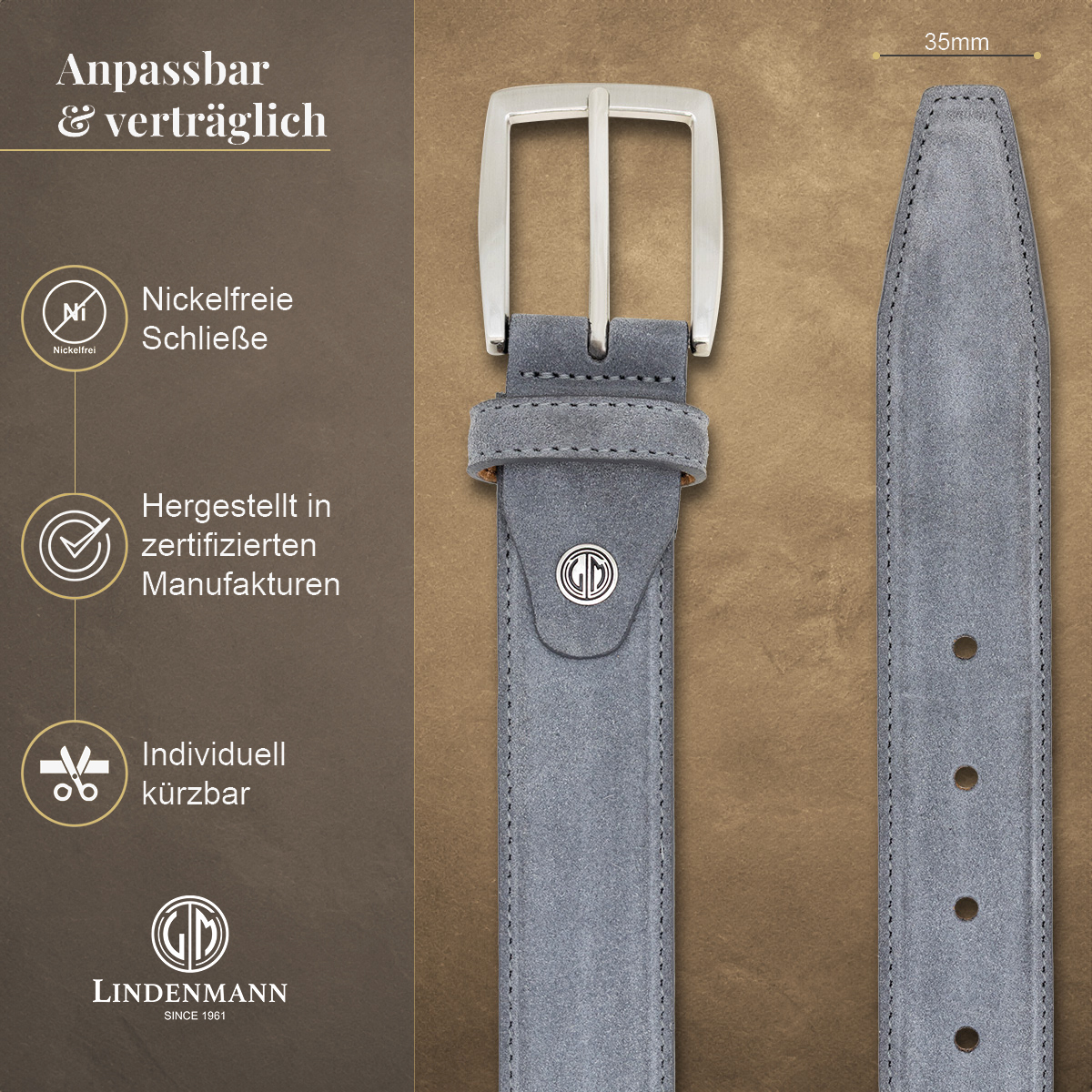 LINDENMANN Herrengürtel aus 100% Velours-Vollrindleder grau