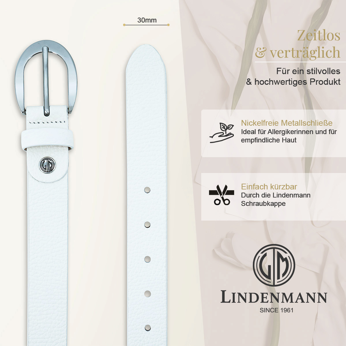 LINDENMANN Klassischer Damengürtel aus 100% Echtleder weiß