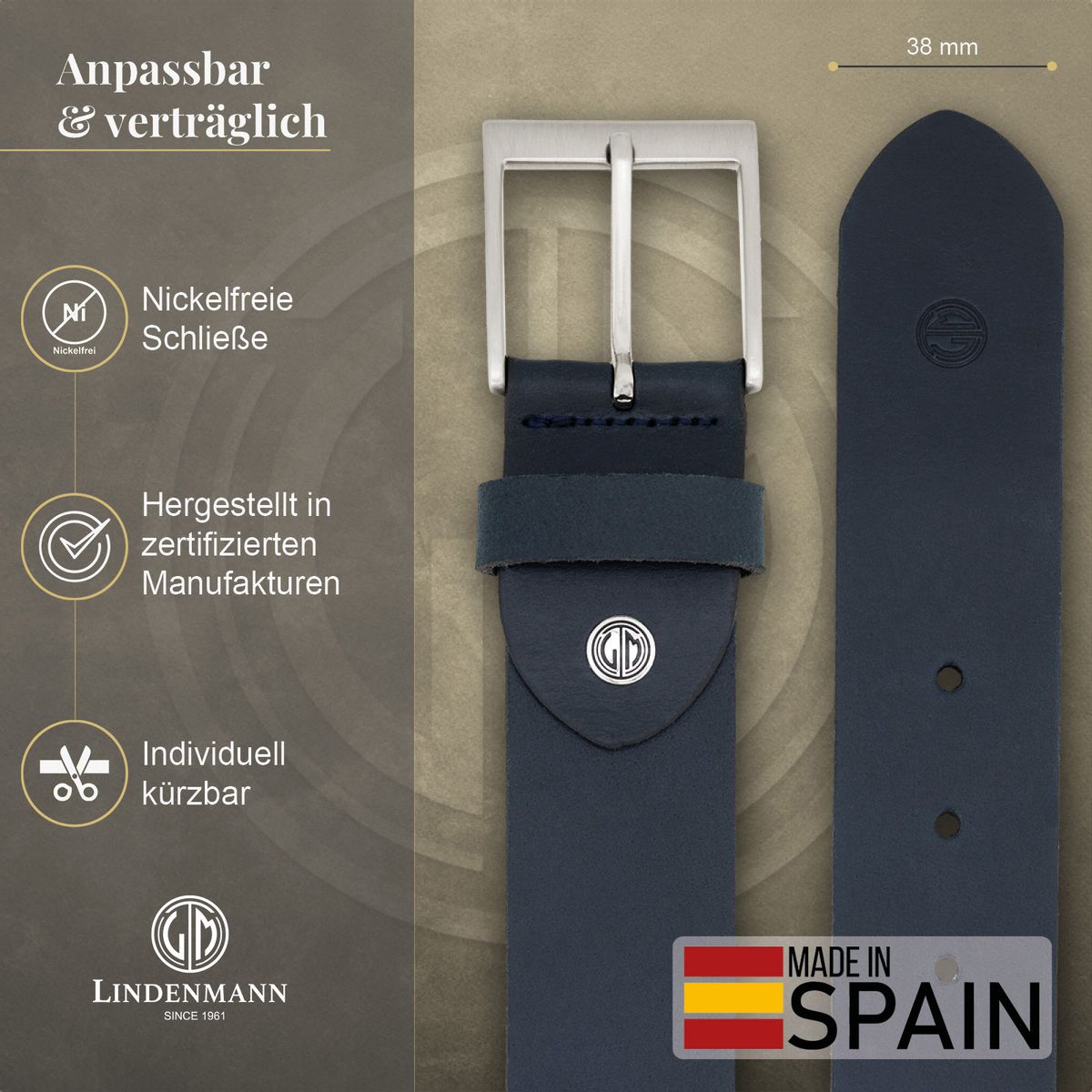 LINDENMANN Herren Jeansgürtel Echtleder marine