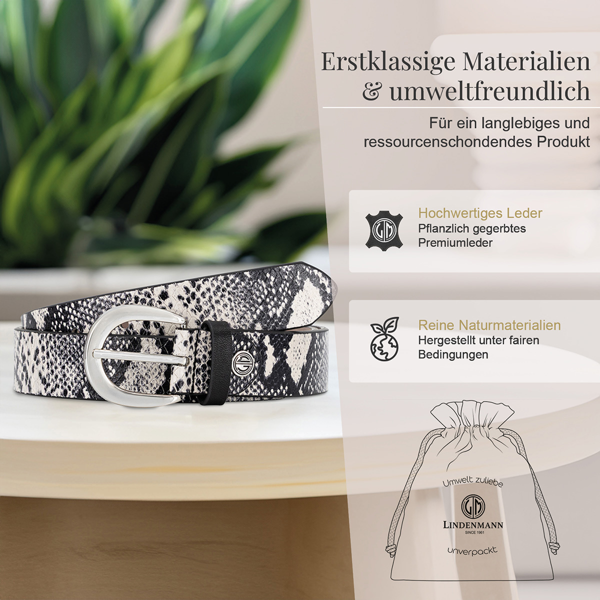 Gürtel, Tiermuster, Snake, Schwarz-Weiß, Ledergürtel, LINDENMANN Damen Echtledergürtel schwarz weiß