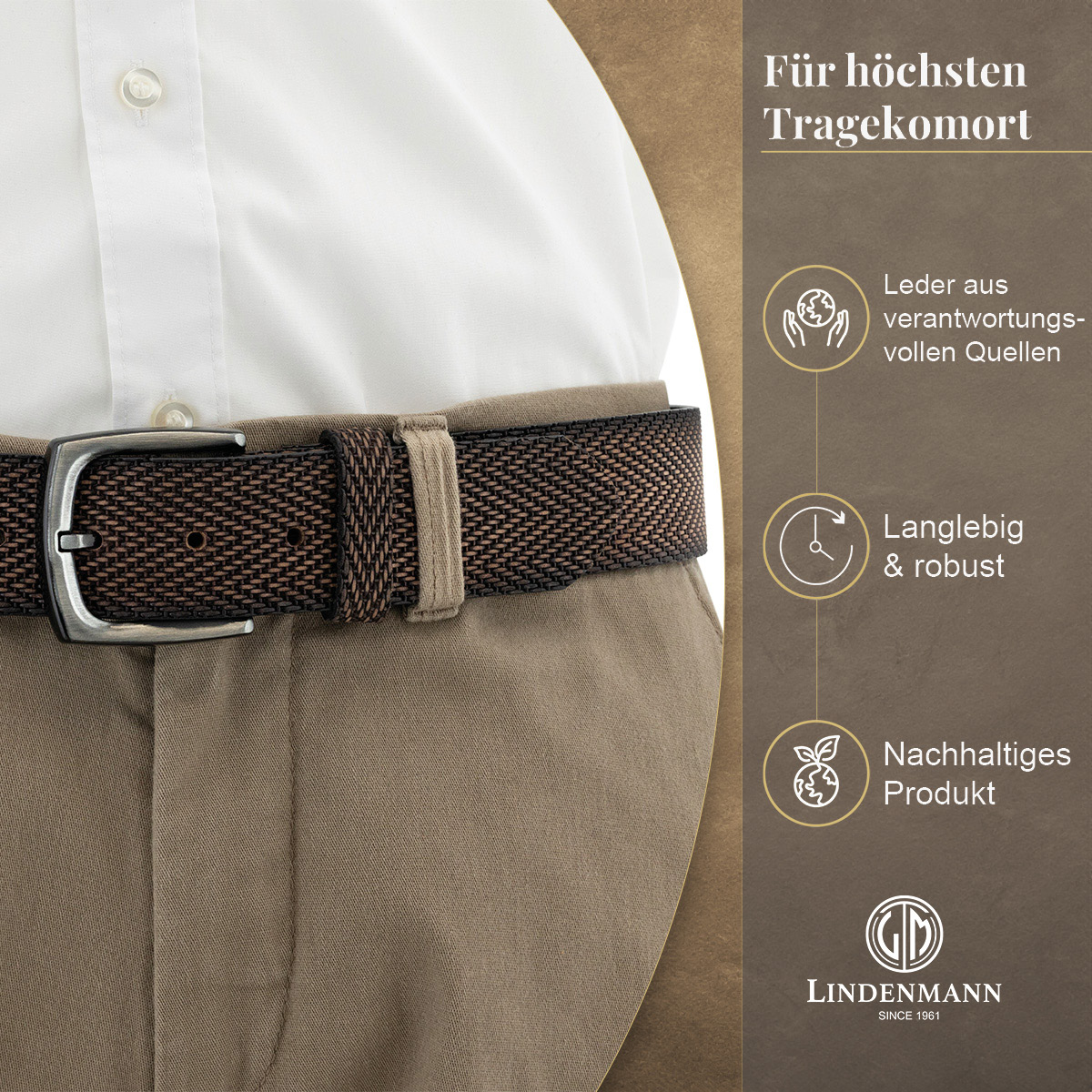 LINDENMANN Vollrindledergürtel Herren Nussbraun