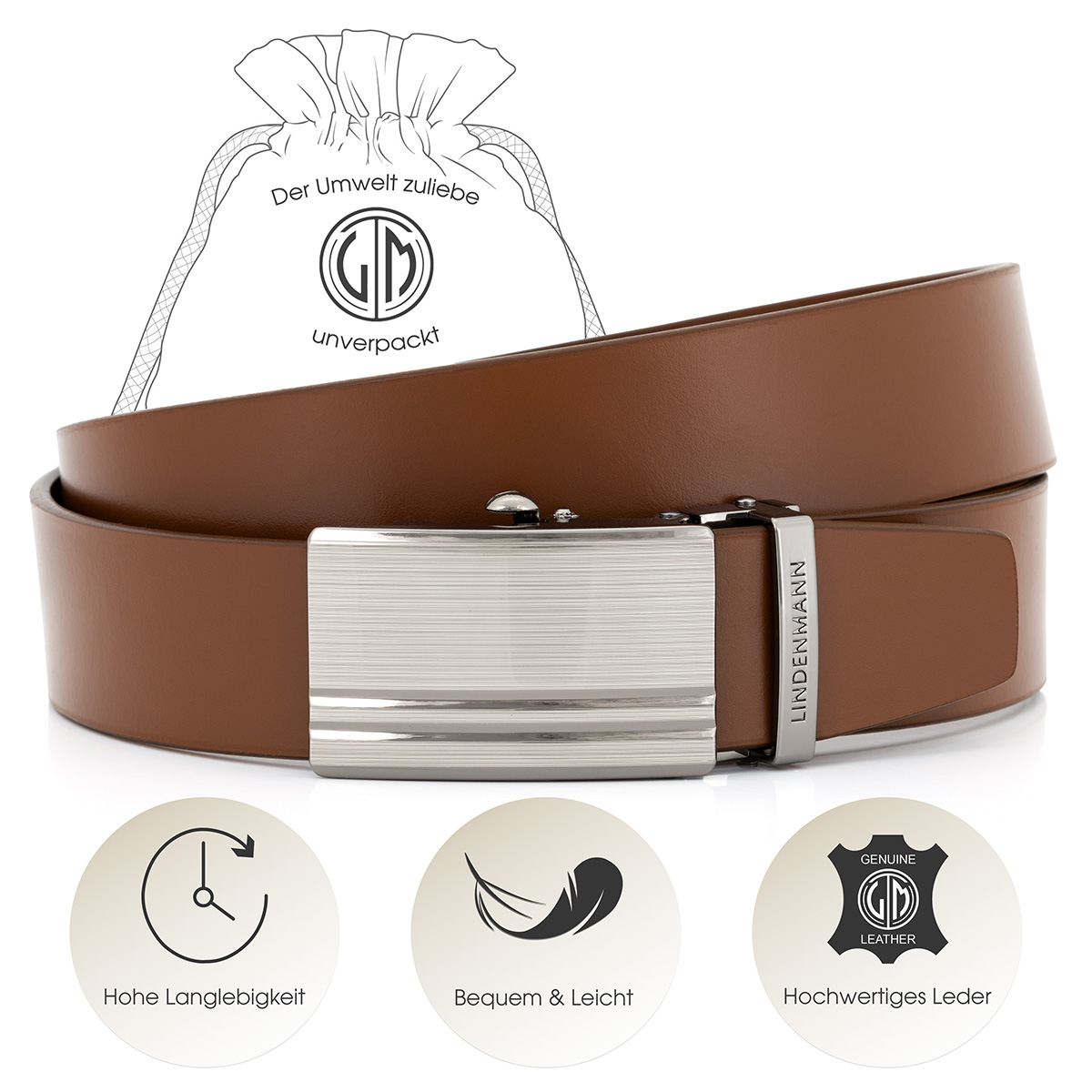 LINDENMANN Ledergürtel Automatikgürtel Herren cognac