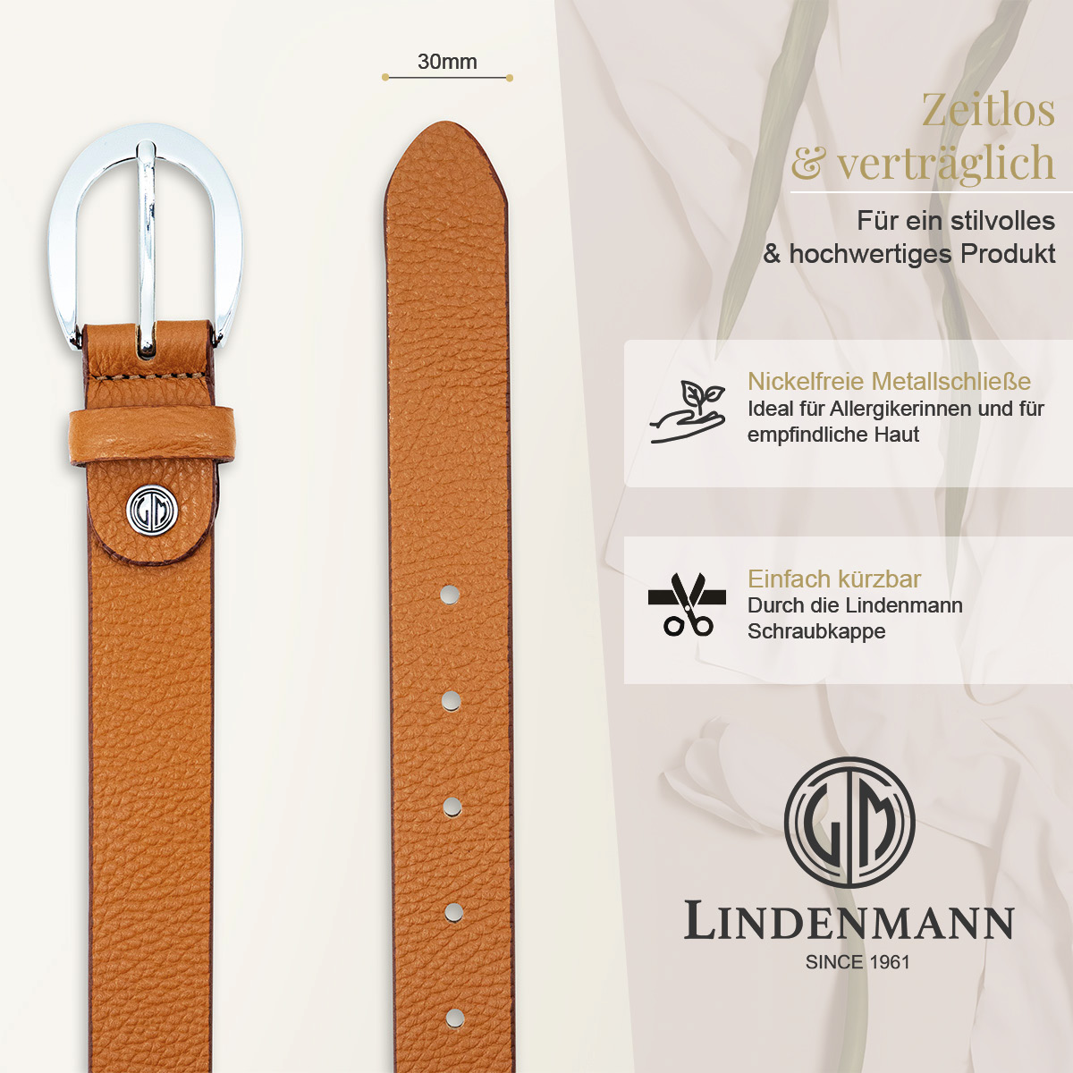 LINDENMANN Vollrindleder Damengürtel Cognac