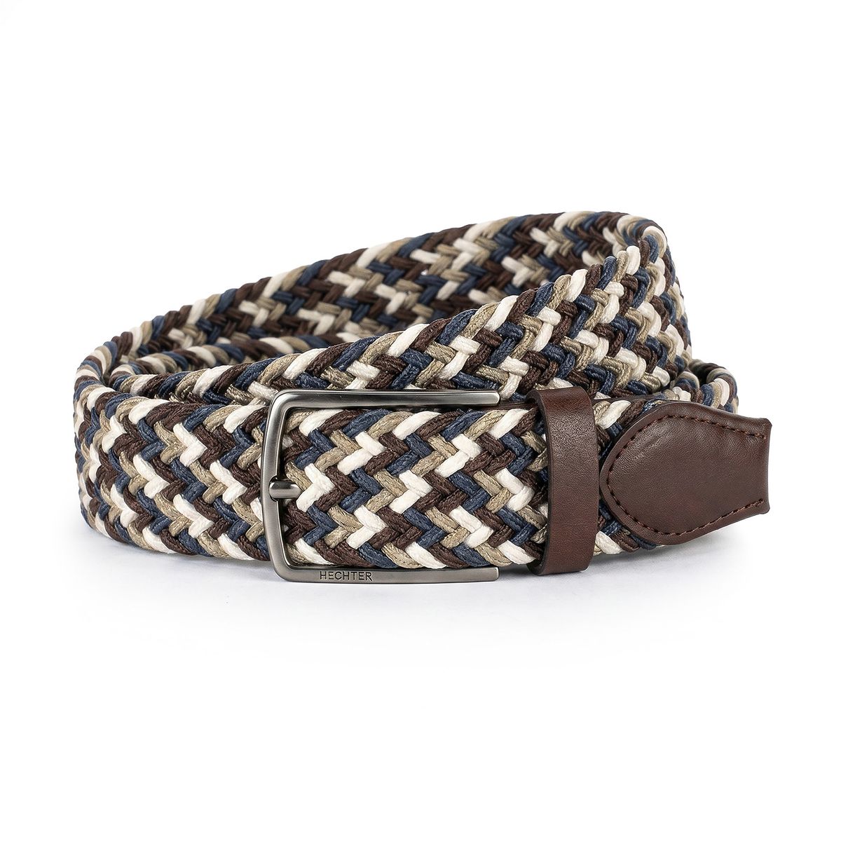 Gürtel, Geflecht, Strickgürtel, Mehrfarbig, Lederendumfassung, HECHTER Paris Herren Textil-Flechtgürtel mit 100% Echtlederenden marine/braun/taupe