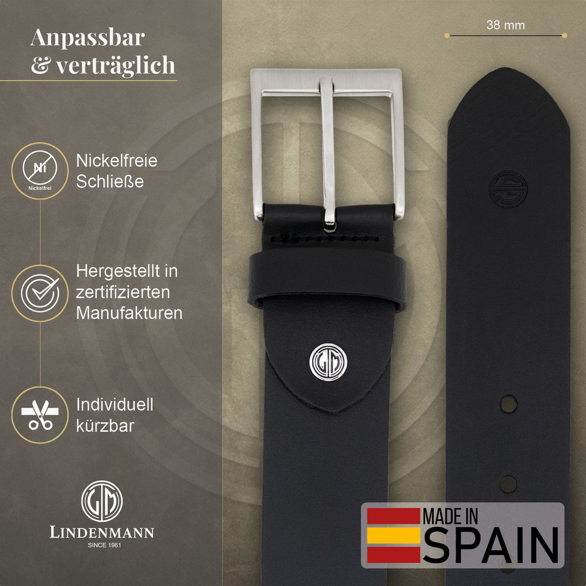 LINDENMANN Herren Jeansgürtel Echtleder schwarz