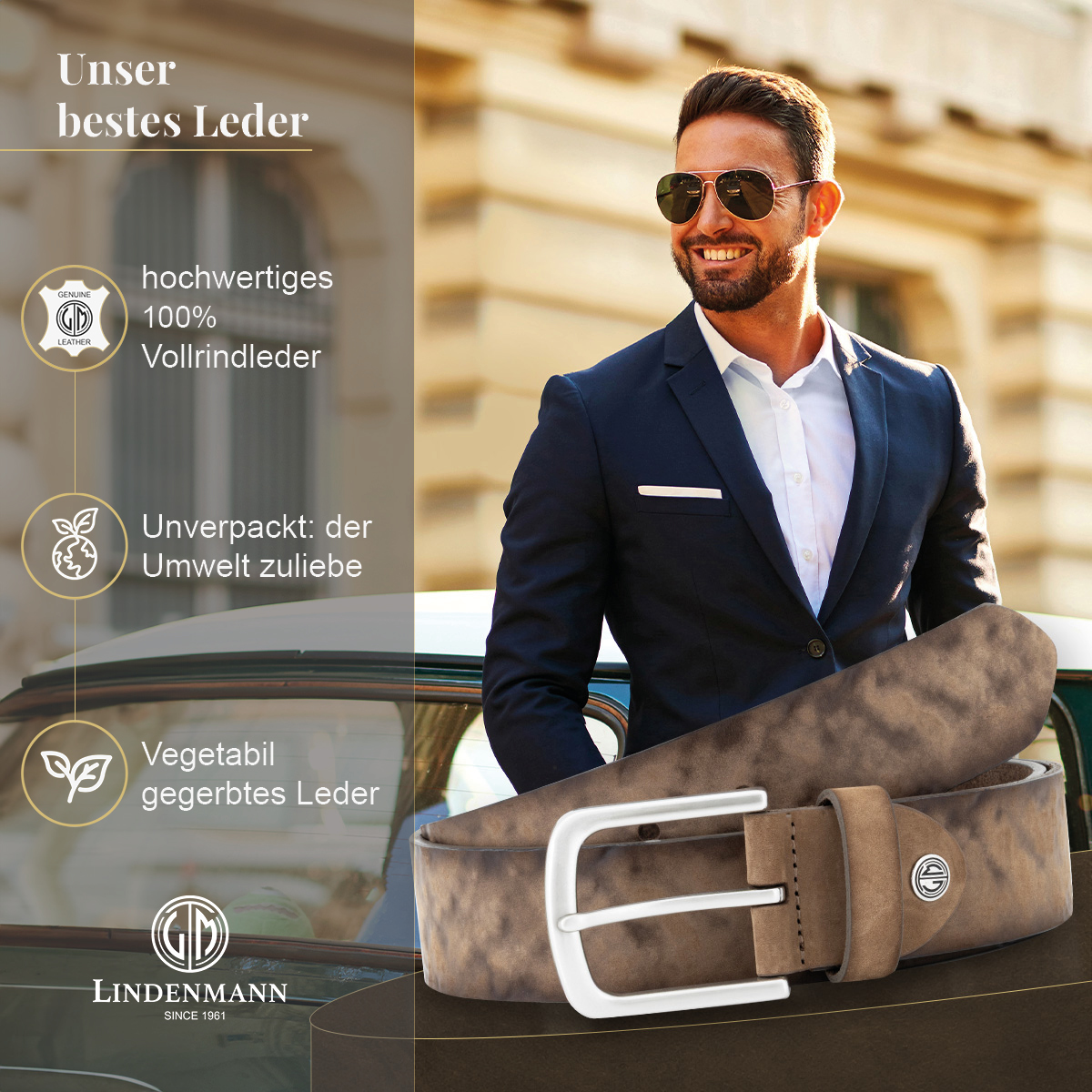LINDENMANN Herrengürtel aus 100% Vollrindleder mittelbraun