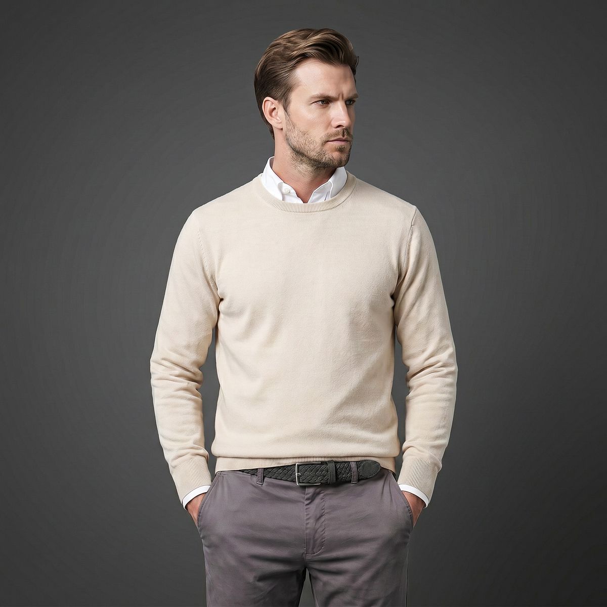 Pullover, Beige, Kragenlos, Langarm, Kleidung-Männer, HECHTER Paris Herren Veloursleder-Flechtgürtel aus 100% Echtleder grau