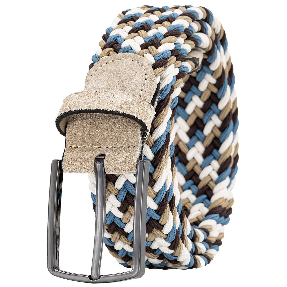 Gürtel, Kordel, Riemen, Mehrfarbig, Geflochten, LINDENMANN Herren Flechtgürtel mit Echtleder an den Enden mehrfarbig: taupe, dunkelbraun, jeansblau
