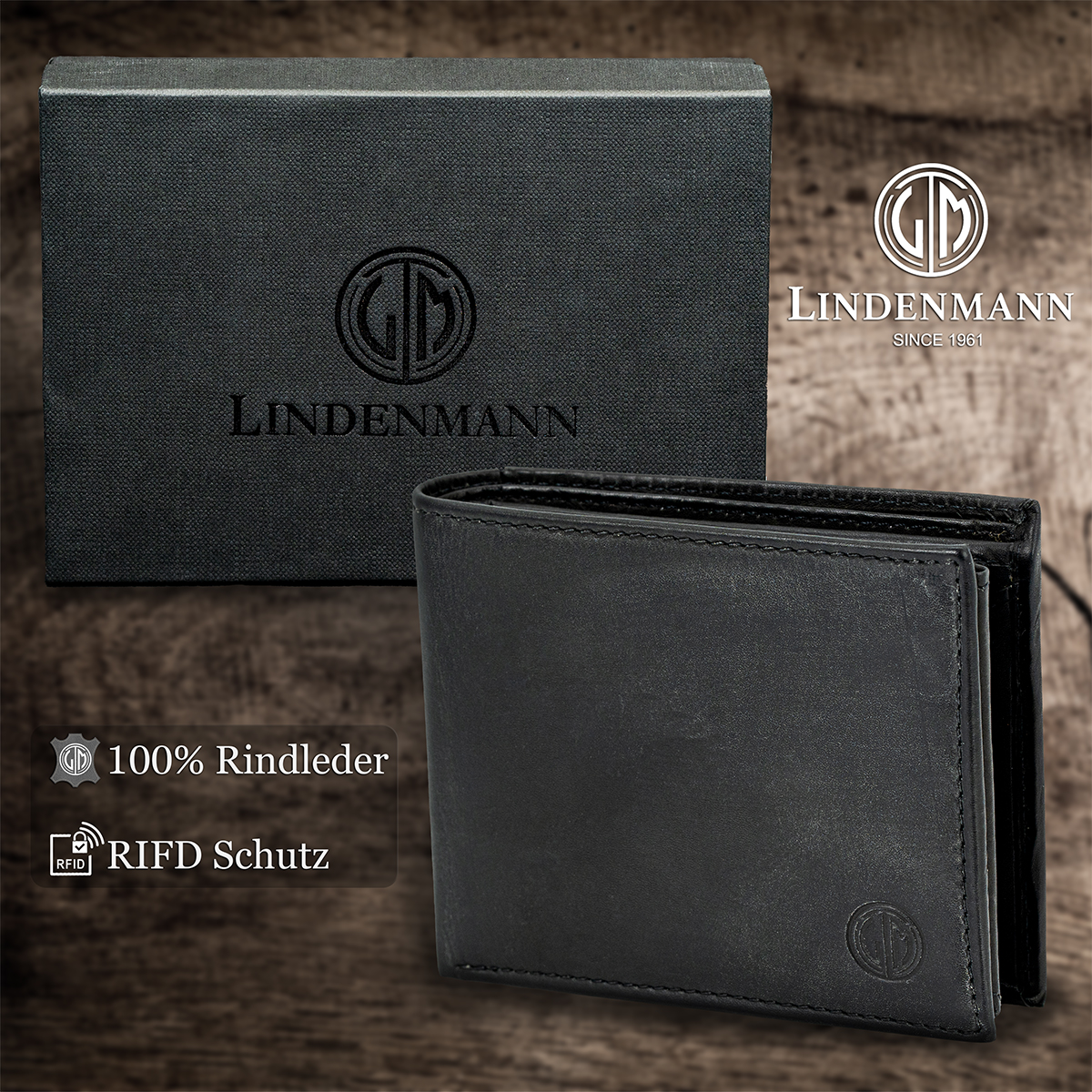 LINDENMANN Herren Leder Portemonnaie schwarz