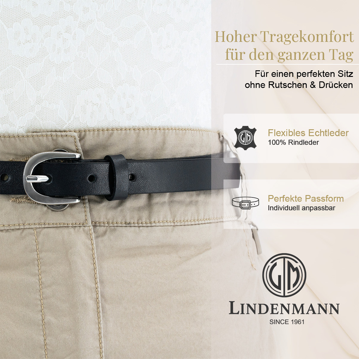 LINDENMANN Rindleder Damengürtel Tiefschwarz