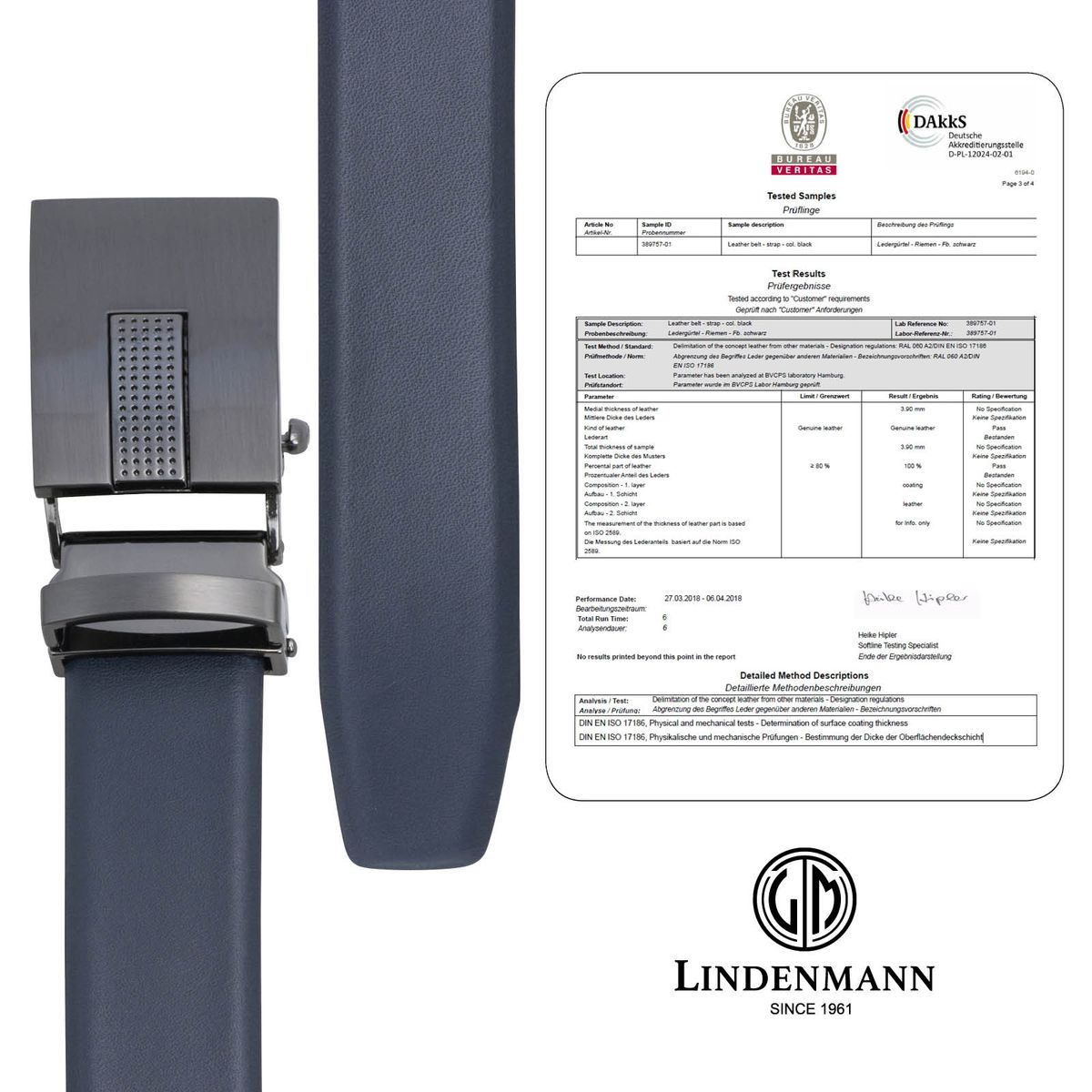 LINDENMANN Leder-Gürtel Automatik Herren 32 mm marine