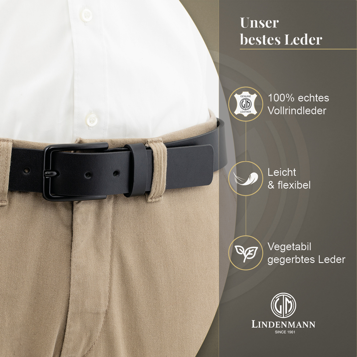 LINDENMANN Herren Jeansgürtel Echtleder schwarz