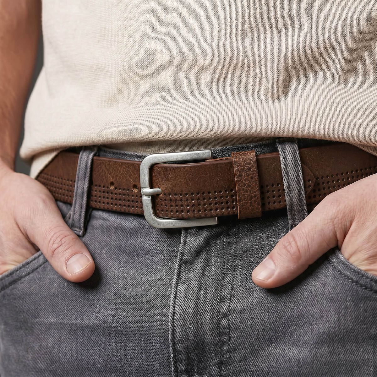 Ledergürtel, Braun, Gürtel mit Lochmuster, Metall-Schließe, Jeansbelag, LINDENMANN Vollrindledergürtel Herren Nussbraun