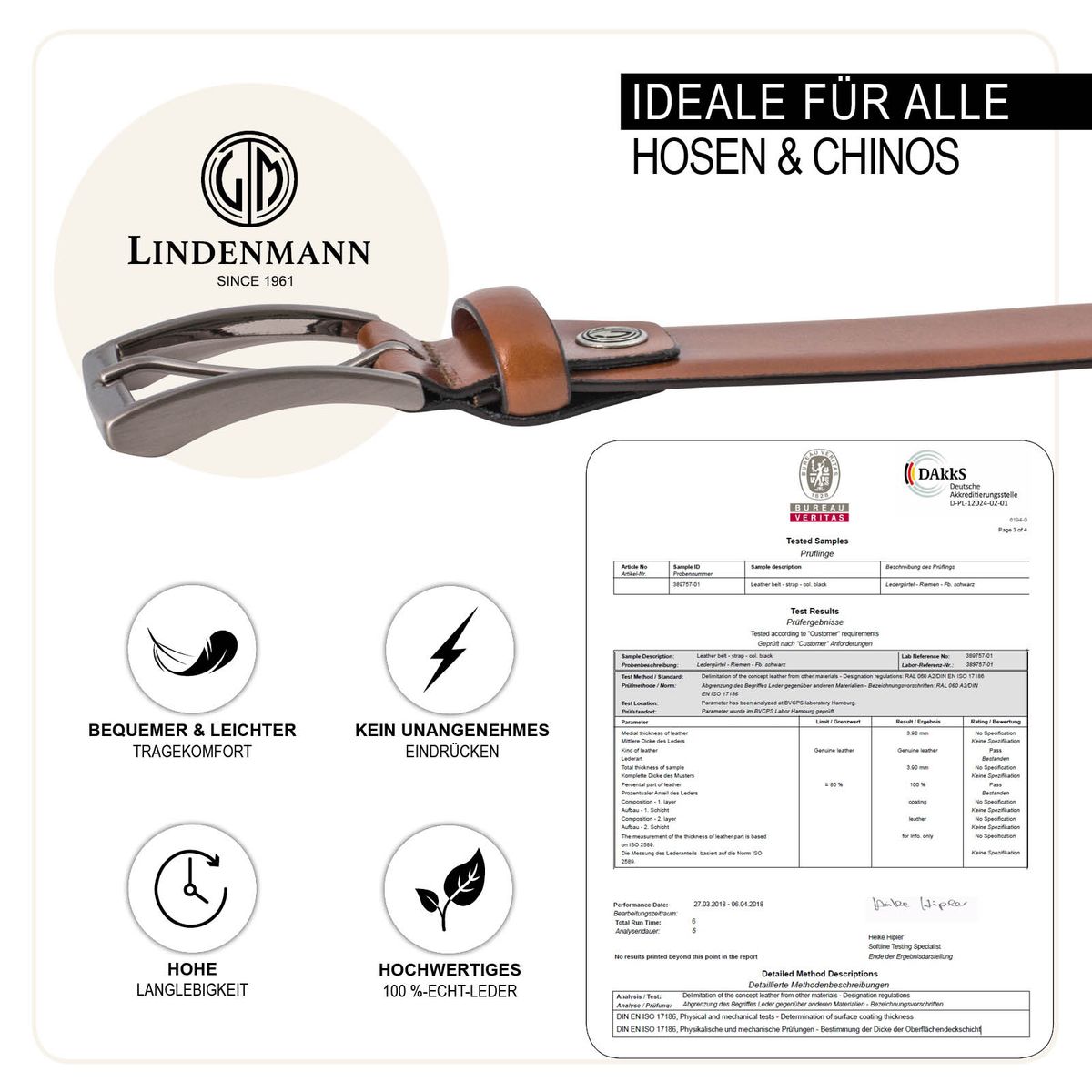 LINDENMANN Anzug-Ledergürtel Herren 35 mm XL Rindleder cognac