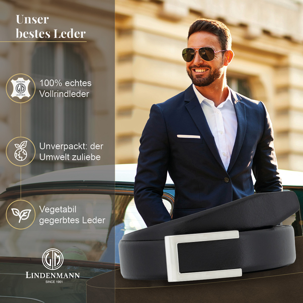 LINDENMANN Vollrindleder Herrengürtel Onyx