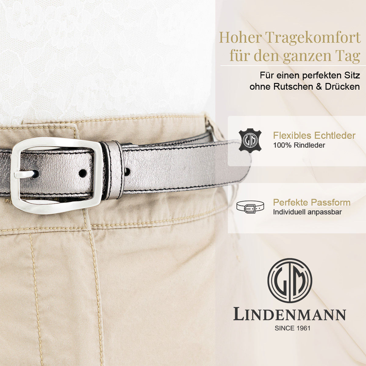 LINDENMANN Rindleder Damengürtel Silber Metallic