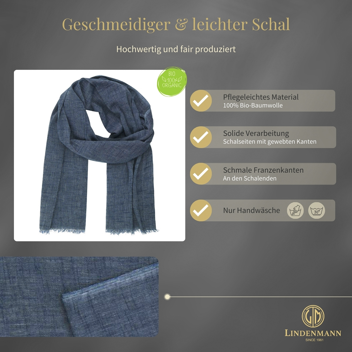 Herren Schal blau 100% BIO-Baumwolle