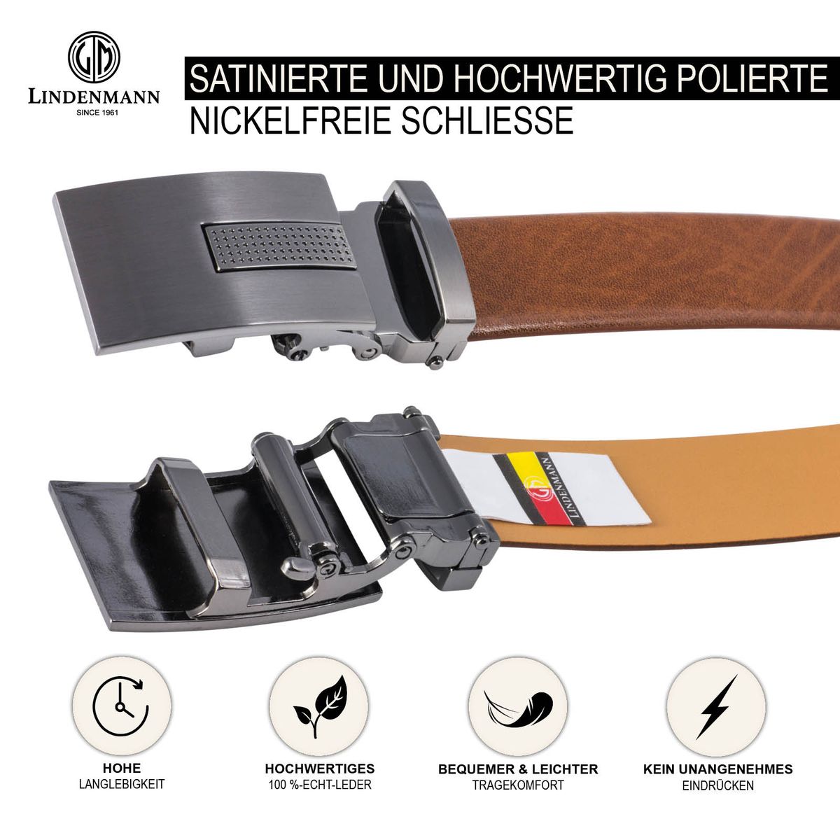 LINDENMANN Leder-Gürtel Automatik Herren 32 mm cognac