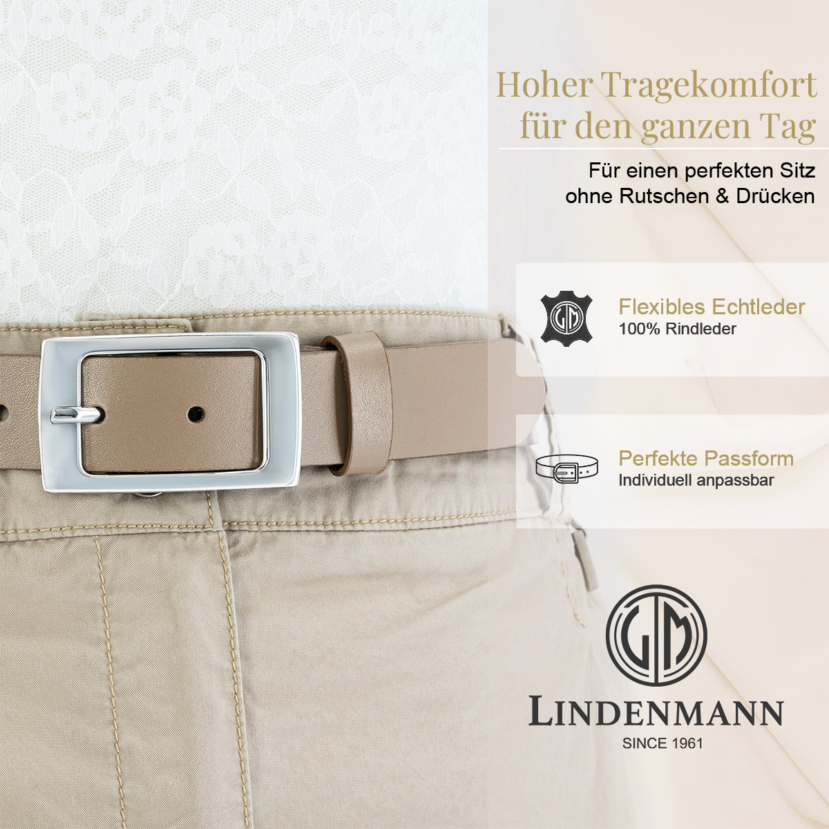 Gürtel, Leder, Beige, Taillengürtel, Weicher Gürtel, LINDENMANN Rindledergürtel Damen Taupe