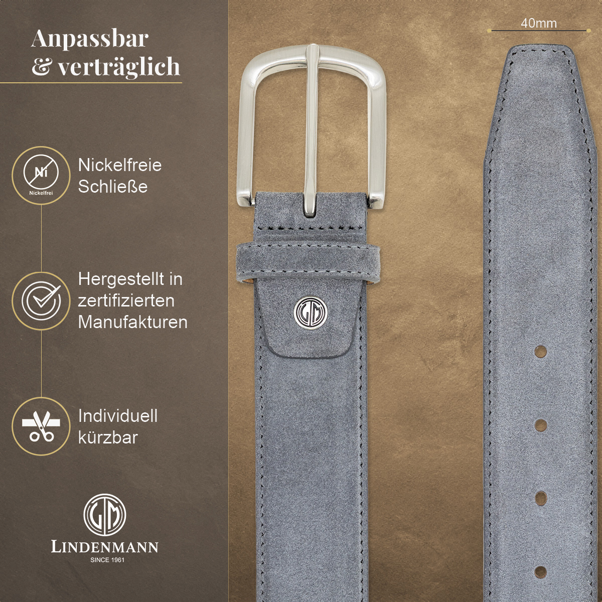 LINDENMANN Herrengürtel aus 100% Velours-Vollrindleder grau