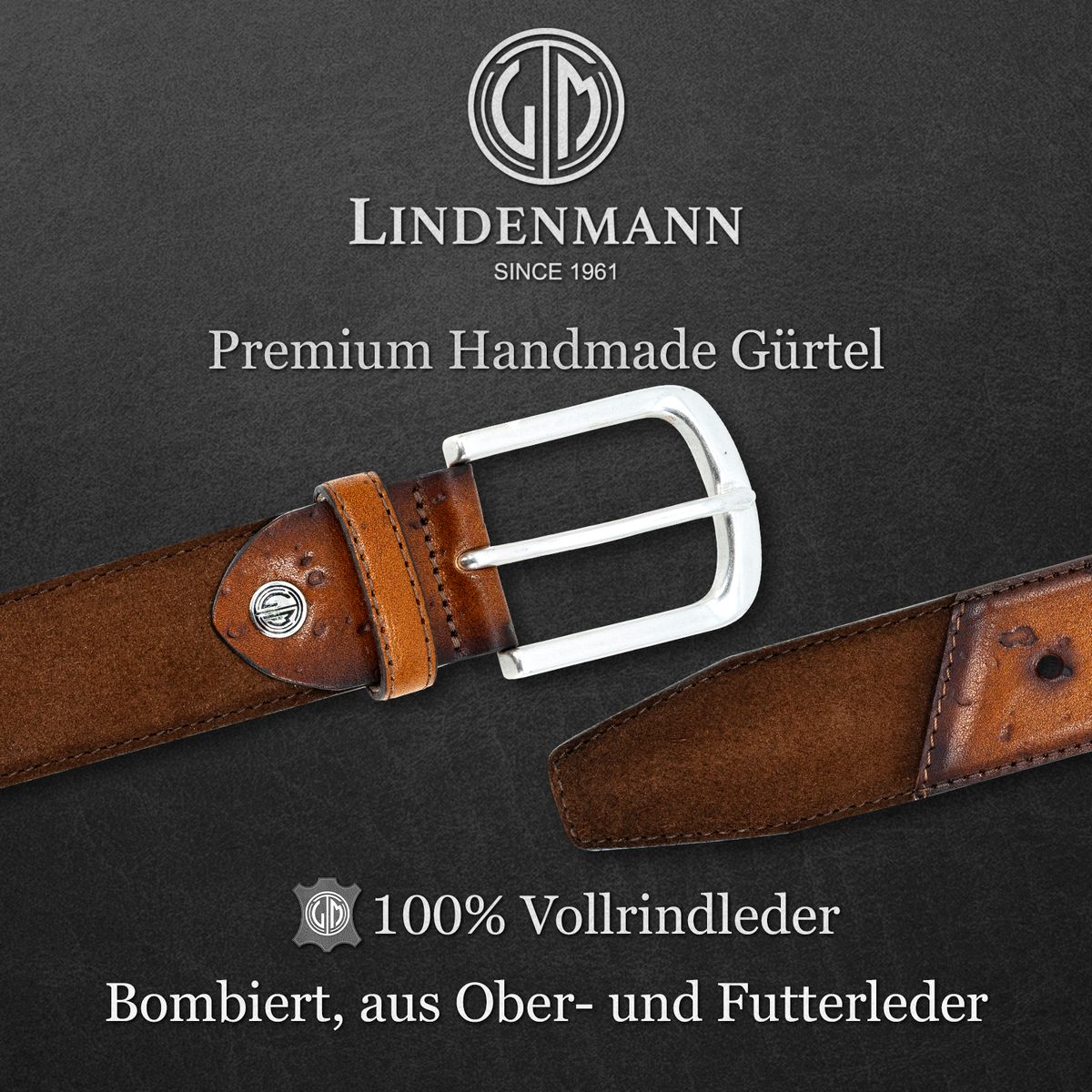 LINDENMANN Handmade Veloursleder Herrengürtel Nussbraun