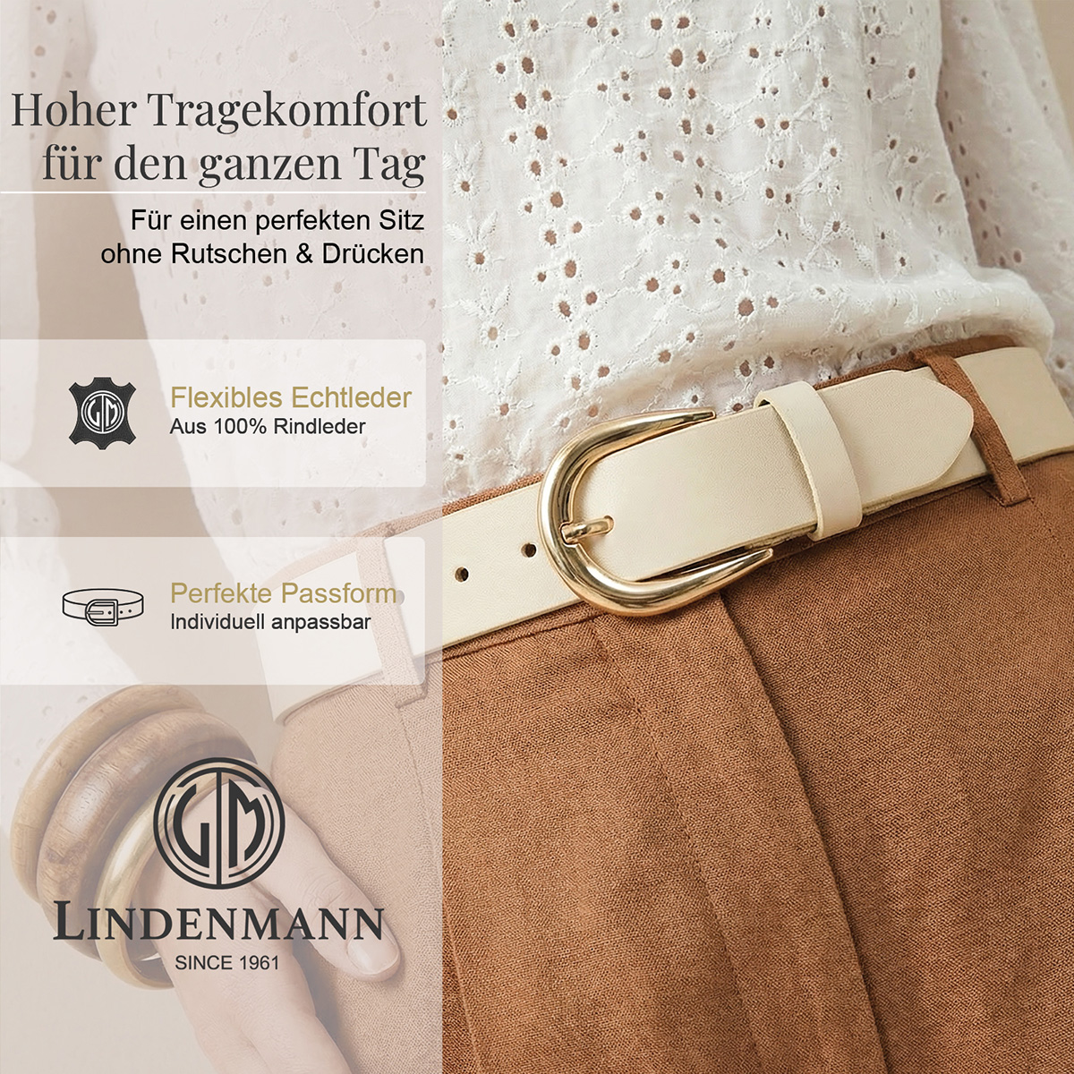 Gürtel, Weißer Gürtel, Schnalle, Leder, Kleidung, LINDENMANN Damen Vollrindledergürtel aus 100% Echtleder beige