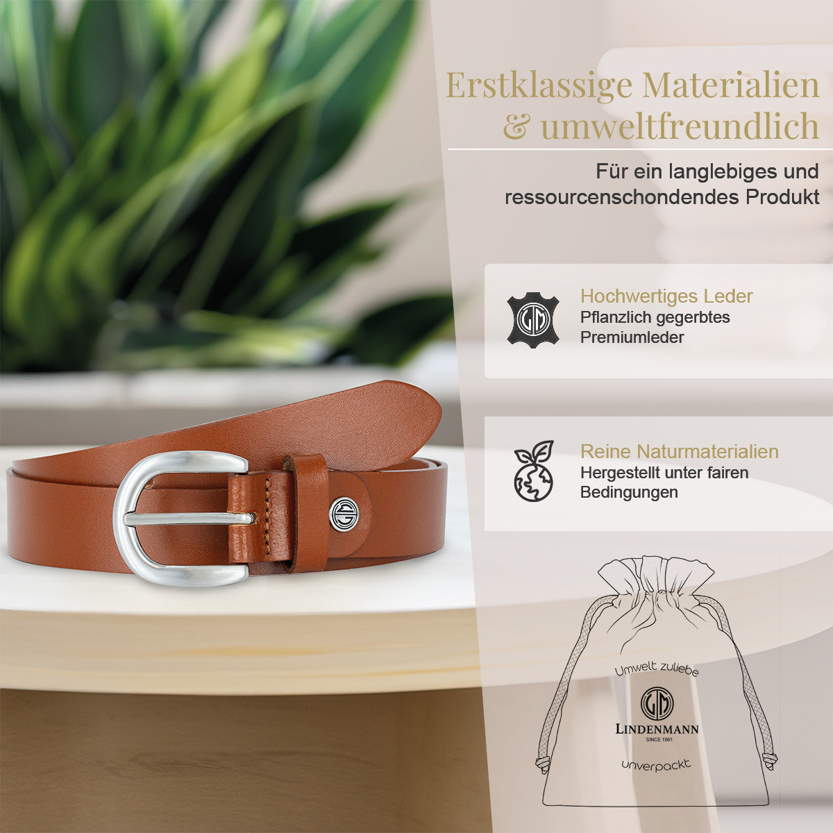 Ledergürtel, braun, Metallschließe, Gürtelbreite, Naturmaterialien, LINDENMANN Rindledergürtel Damen Cognac