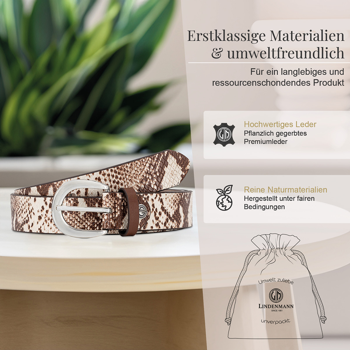 Gürtel, Ledergürtel, Snake Muster, braun, Accessoire, LINDENMANN Damen Echtledergürtel braun weiß